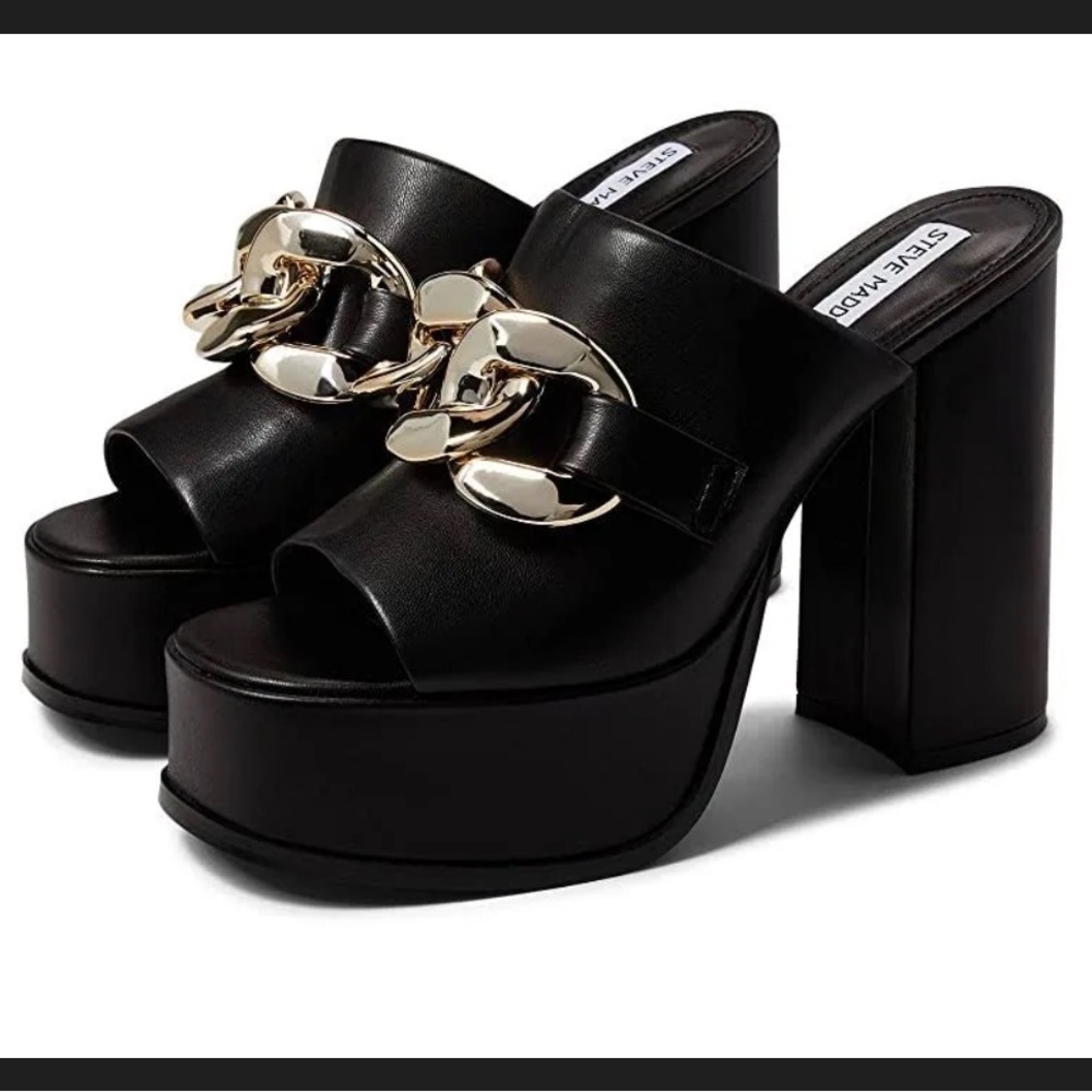 Steve Madden Holdup Black and Gold Chain Loafer Platform Heeled Sandals 9.5 M